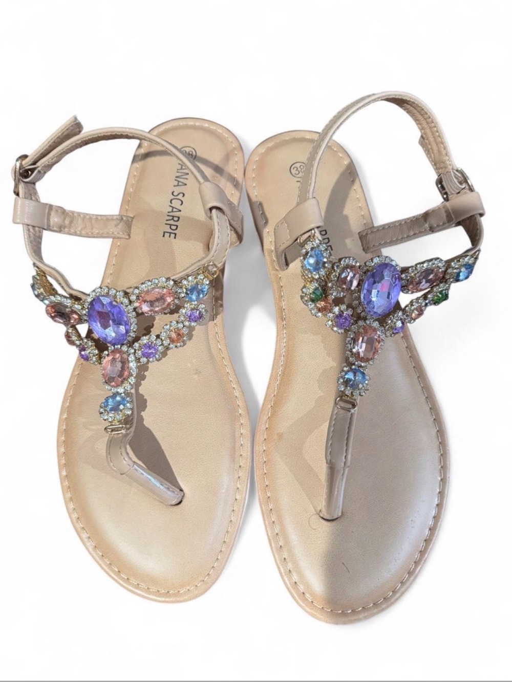 Bejeweled Nude T-Strap Sandals with Multicolor Gems